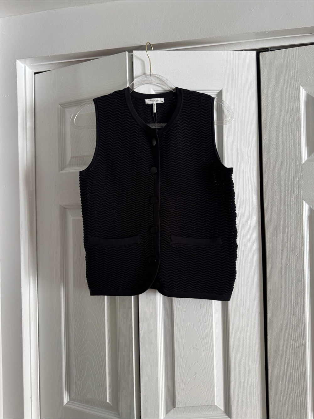 rag & bone Navy Wave-Knit Sleeveless Button Vest